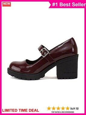 Mary Jane Round Toe Mid Chunky Block Heel Lug Sole Pump Adjustable Strap